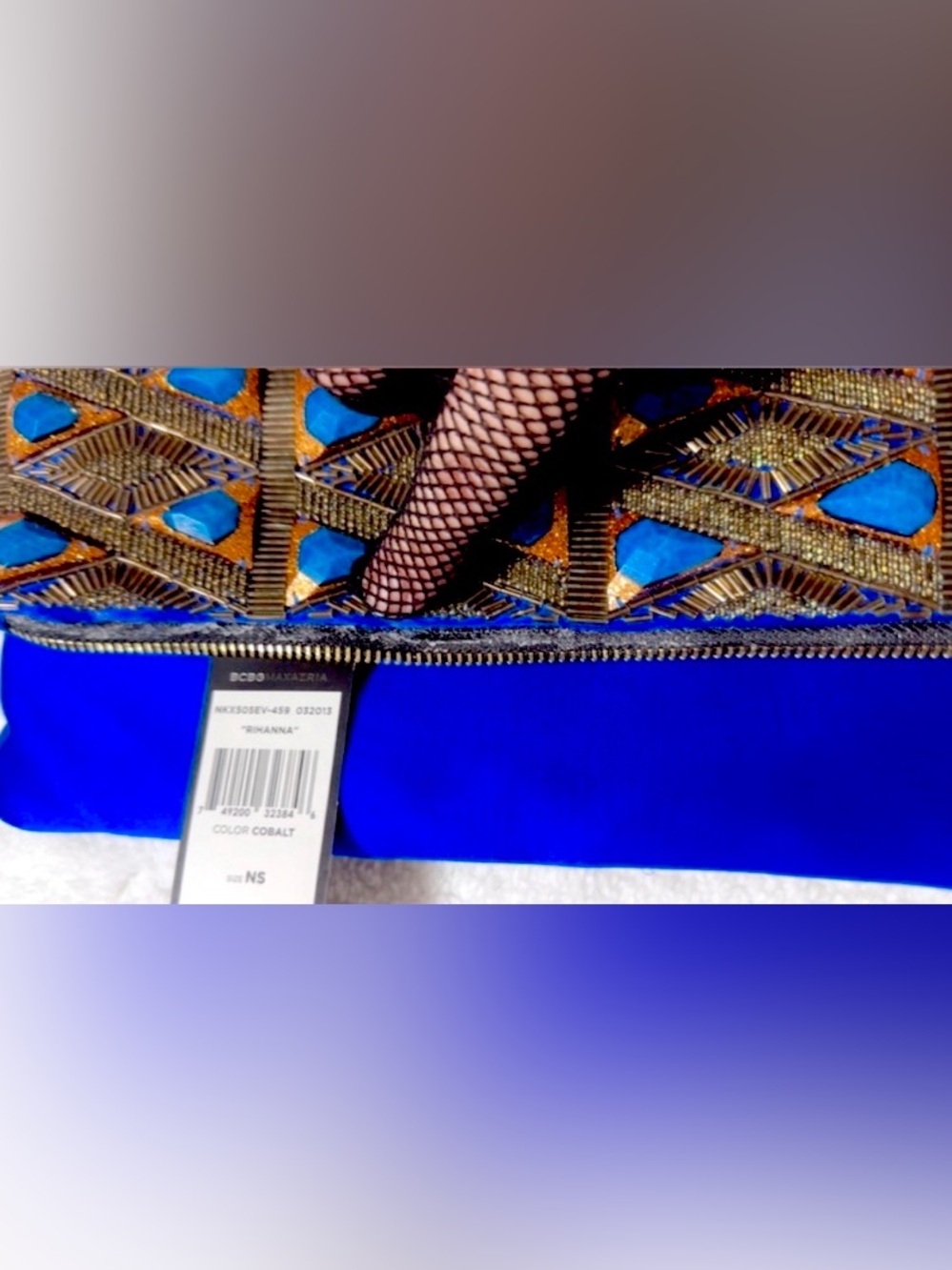 BCBG MAXAZRIA $298 retail RIHANNA
BEADED COLBALT BLUE SILK FOLDOVER CLUTCH NWT - Picture 5 of 10